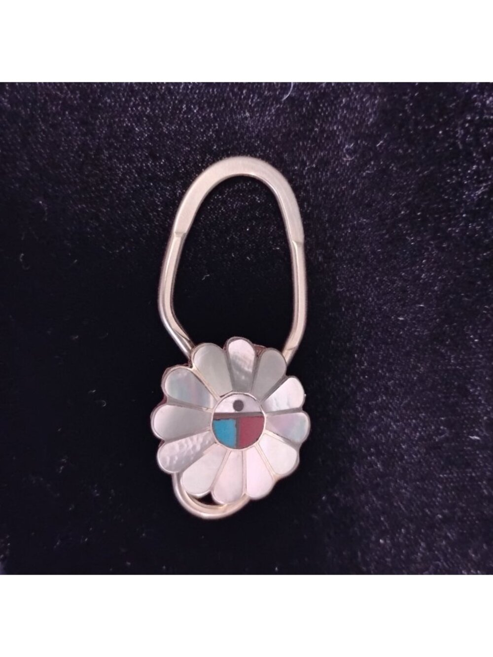 Native American Zuni Sterling Silver Mother Of Pearl Sun Face Key Chain Ring